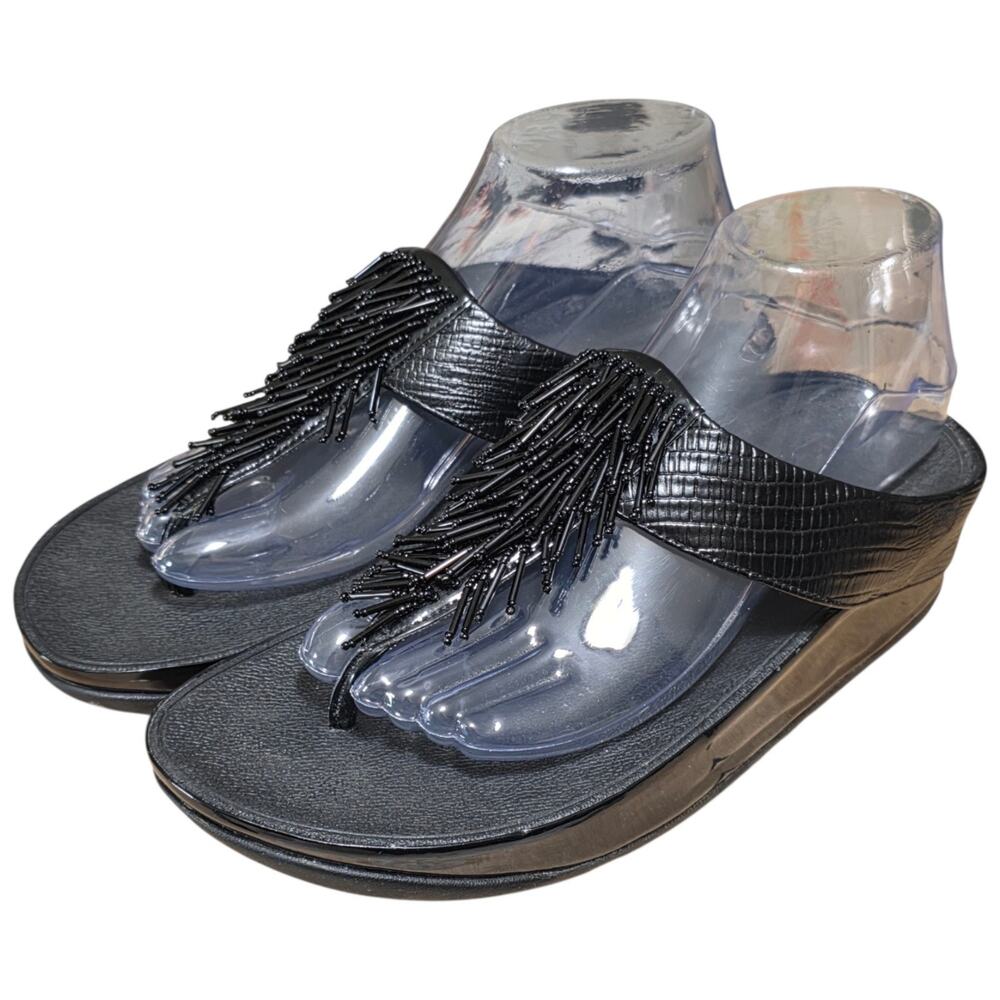 FitFlop Cha Cha Sandals Women 8 Black Beaded Fringe Thong Wedge Flip Flops